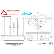 Vidalux Lisbon 1350mm Whirlpool Steam Shower - Black - Technical drawing