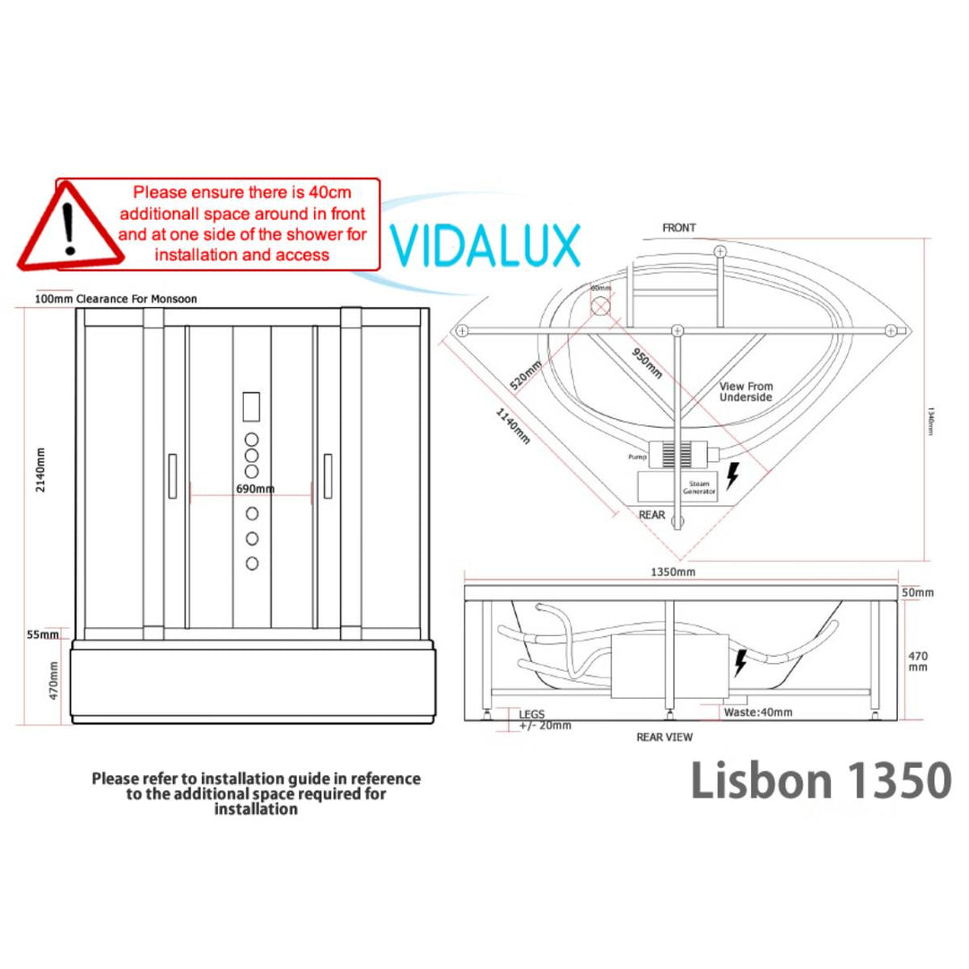 Vidalux Lisbon 1350mm Whirlpool Steam Shower - Black