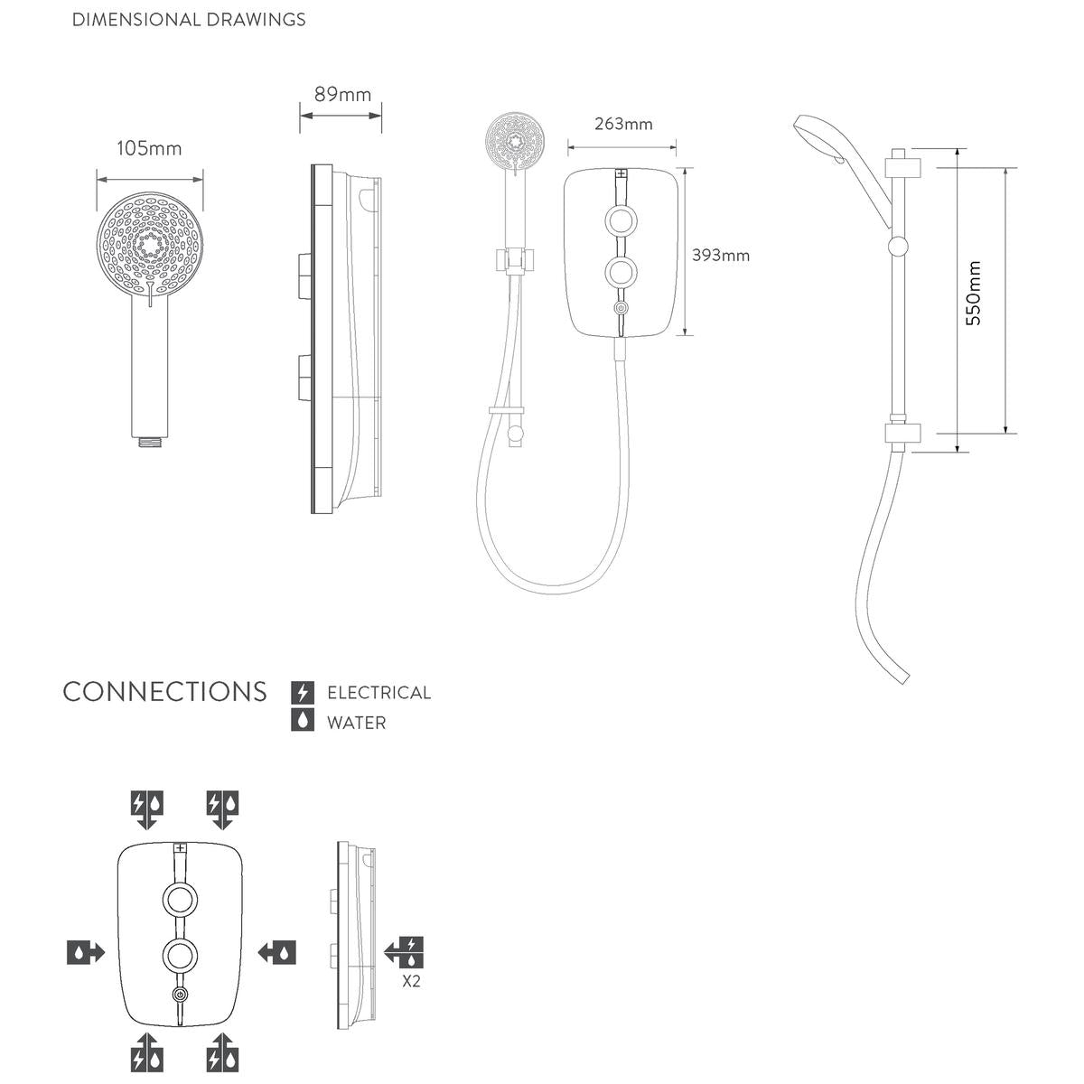 Aqualisa Lumi+ Electric Shower 9.5Kw - Technical drawing