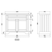 Hudson Reed Old London 1000mm Vanity Unit & Ceramic 1 Tap Hole Basin - Storm Grey LOF207 - Technical drawing