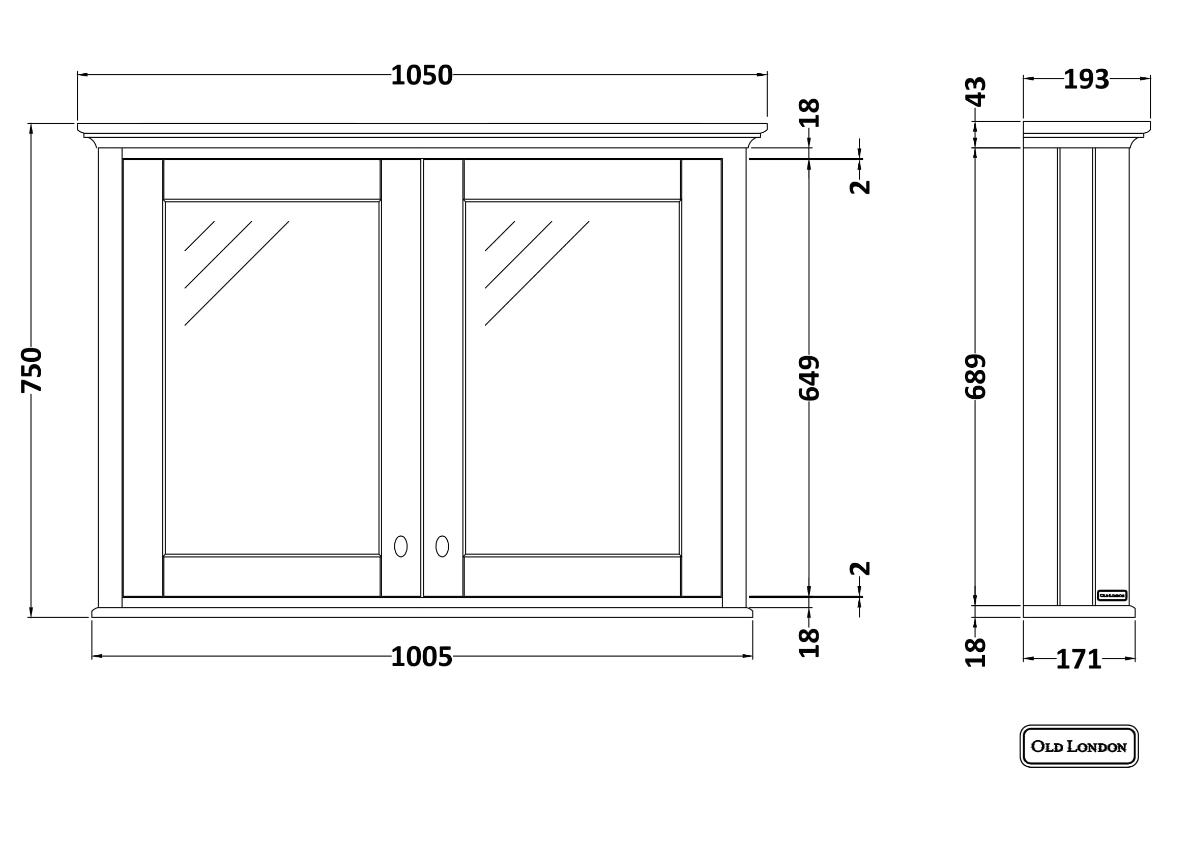 Hudson Reed Traditional Old London Storm Grey 1050mm Mirror Cabinet - Technical drawing