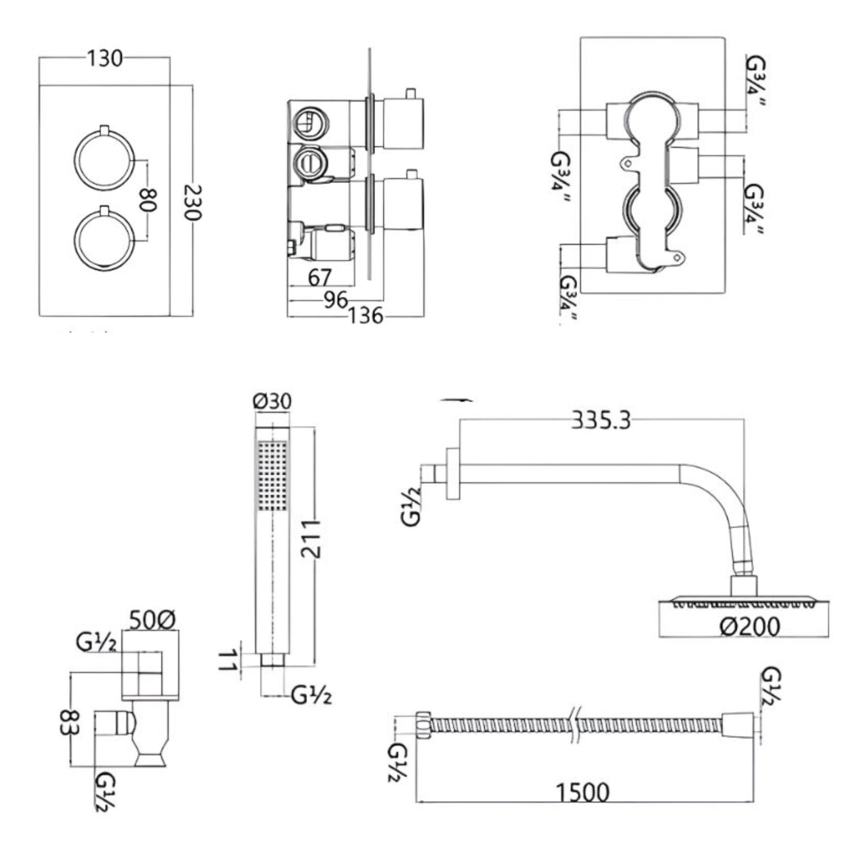Eliseo Ricci Curve Twin Concealed Shower Kit inc Head, Arm and Handset - Brushed Brass - Technical drawing