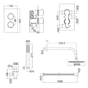 Eliseo Ricci Curve Twin Concealed Shower Kit inc Head, Arm and Handset - Brushed Brass - Technical drawing
