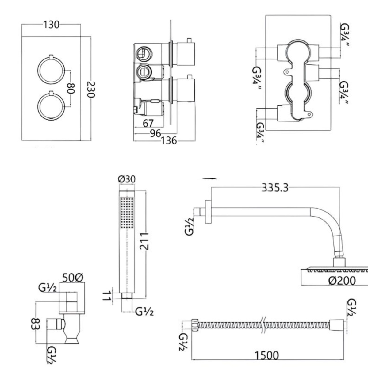 Eliseo Ricci Cube Twin Concealed Shower Kit inc Head, Arm and Handset - Brushed Brass - Technical drawing