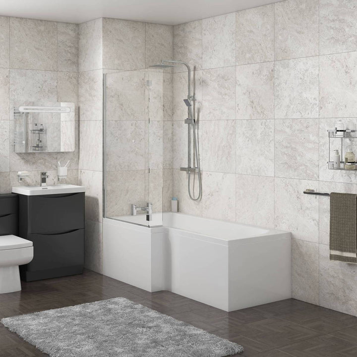 Linea 1500mm L-Shape Shower Bath, Front Panel &amp; Screen - Left Hand