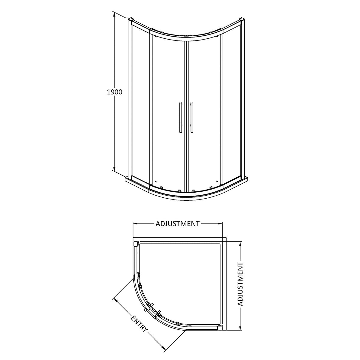 Hudson Reed 900mm Quadrant Shower Enclosure with Square Handle - Brushed Brass - Technical drawing