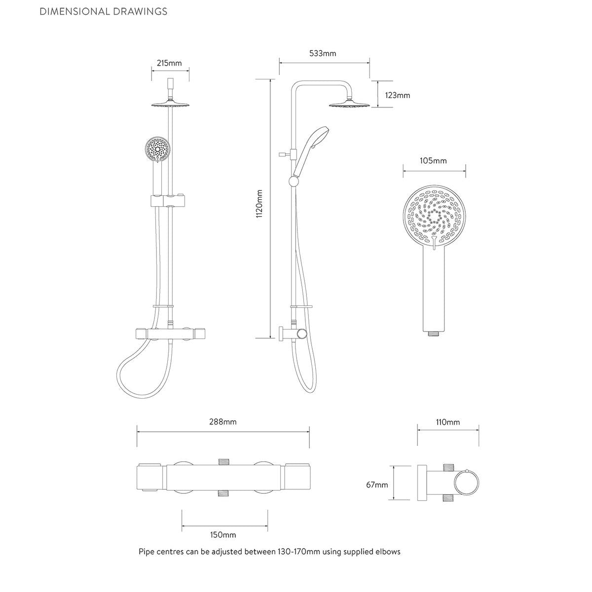 Aqualisa Midas 110 Shower Column - Technical drawing