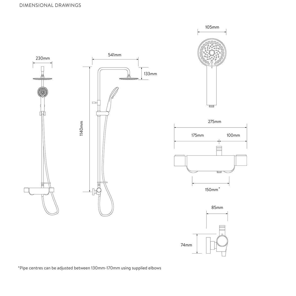 Aqualisa Midas 220 Shower Column - Technical drawing