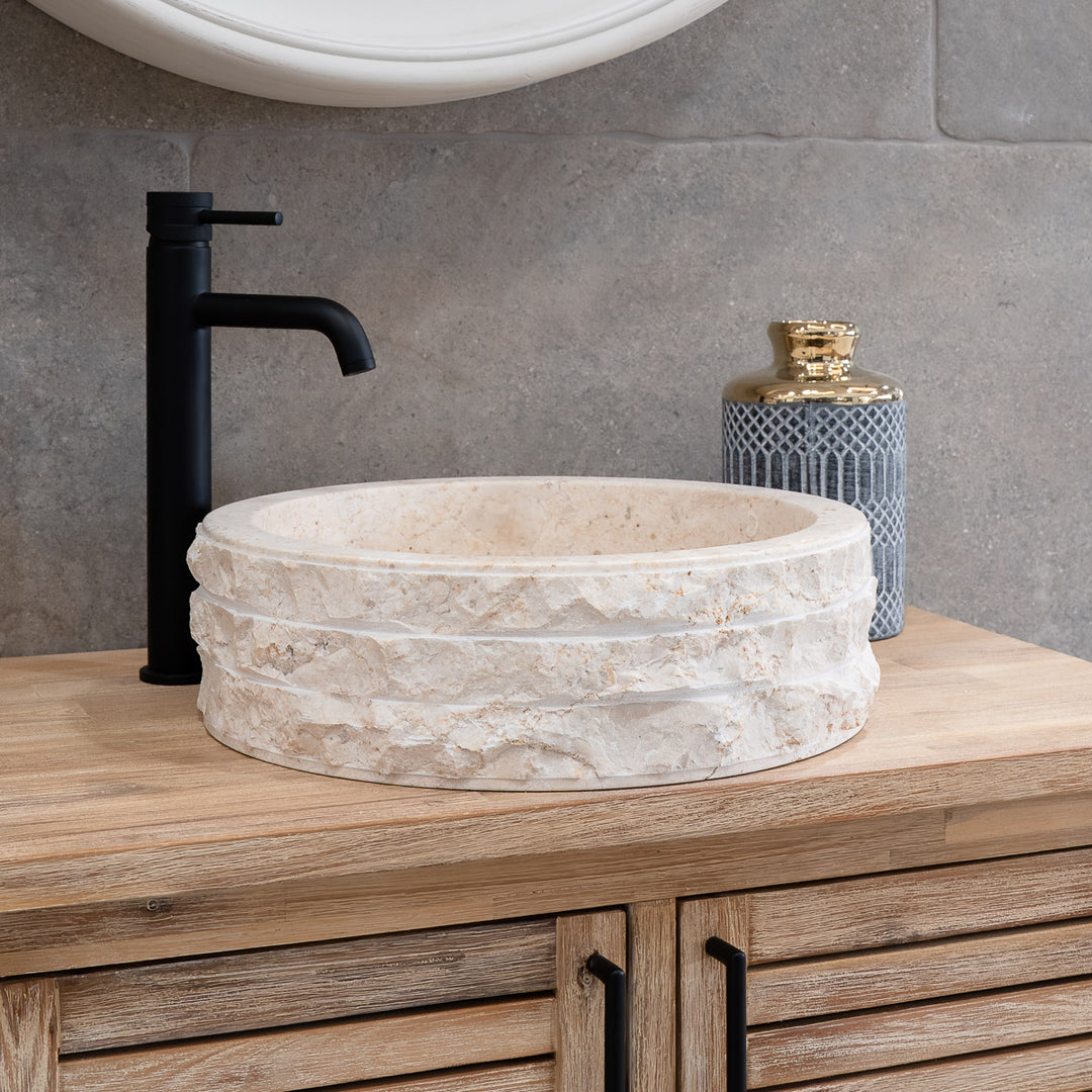Cali Carved Natural Stone Basin - 40x40x15cm - Ivory