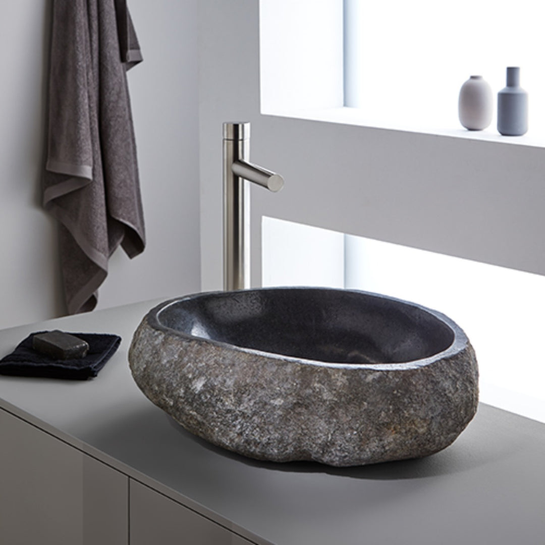 Rock Carved Natural Stone Basin - 45x40x15cm - Dark grey