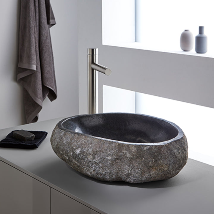 Rock Carved Natural Stone Basin - 45x40x15cm - Dark grey