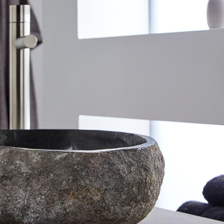 Rock Carved Natural Stone Basin - 45x40x15cm - Dark grey