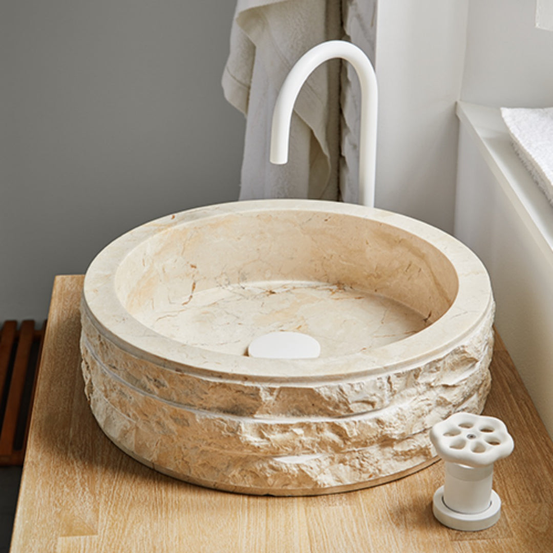 Cali Carved Natural Stone Basin - 40x40x15cm - Ivory