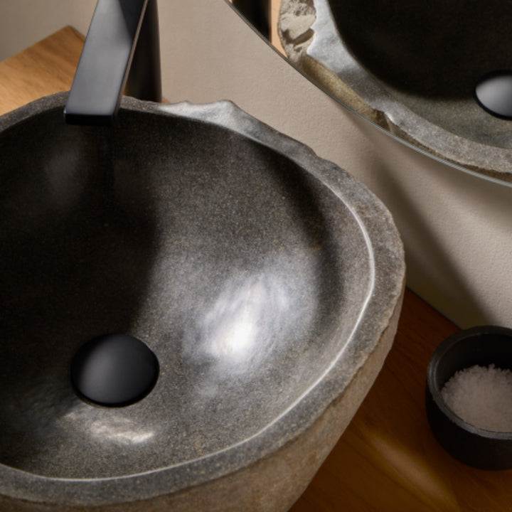 Stonix Carved Natural Stone Basin - 42x38x15cm - Dark grey
