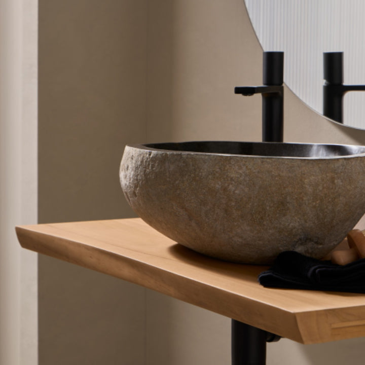 Stonix Carved Natural Stone Basin - 42x38x15cm - Dark grey