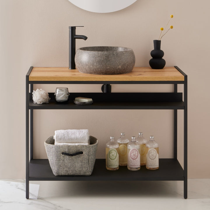 Lisboa 840 Floor Standing Matt Black Metal &amp; Wood Washstand