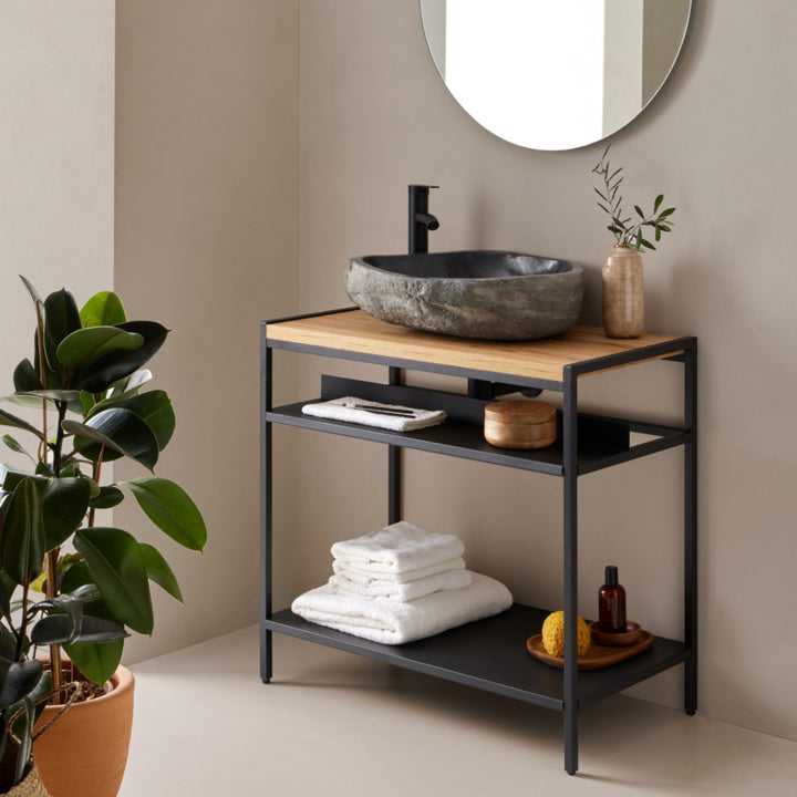 Lisboa 840 Floor Standing Matt Black Metal &amp; Wood Washstand