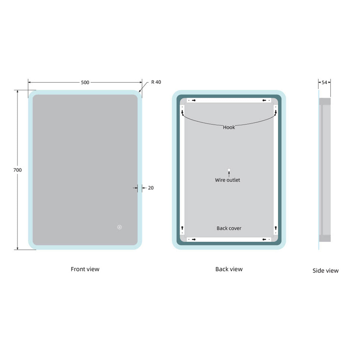 Ariel 500 x 700mm LED Mirror - Technical drawing
