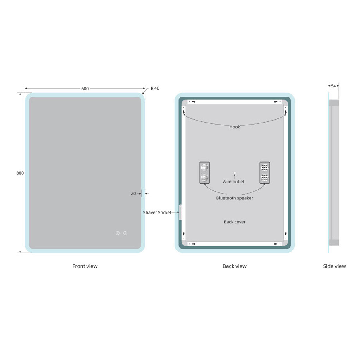 Stream 800mm x 600mm Bluetooth LED Mirror - Technical drawing