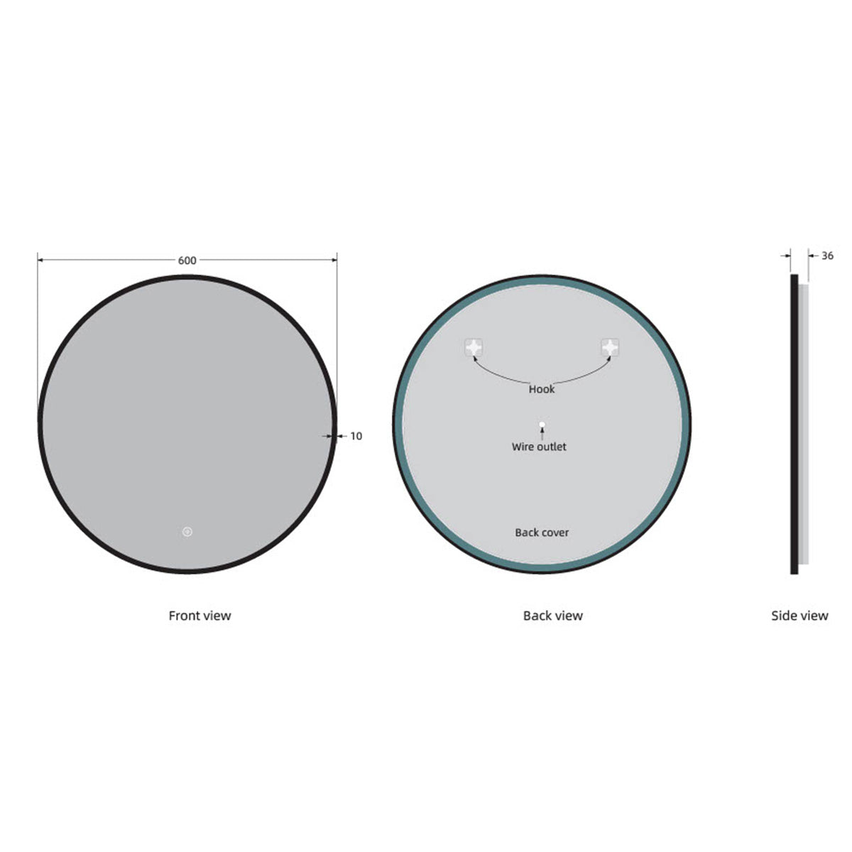 Rondo 800mm Round LED Mirror - Technical drawing