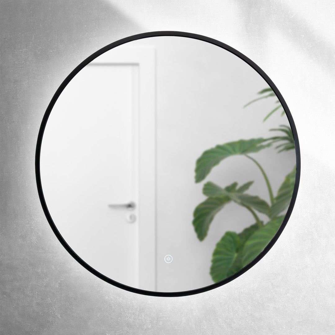 Noir 600mm Round Black Frame Backlit Mirror with Colour Change