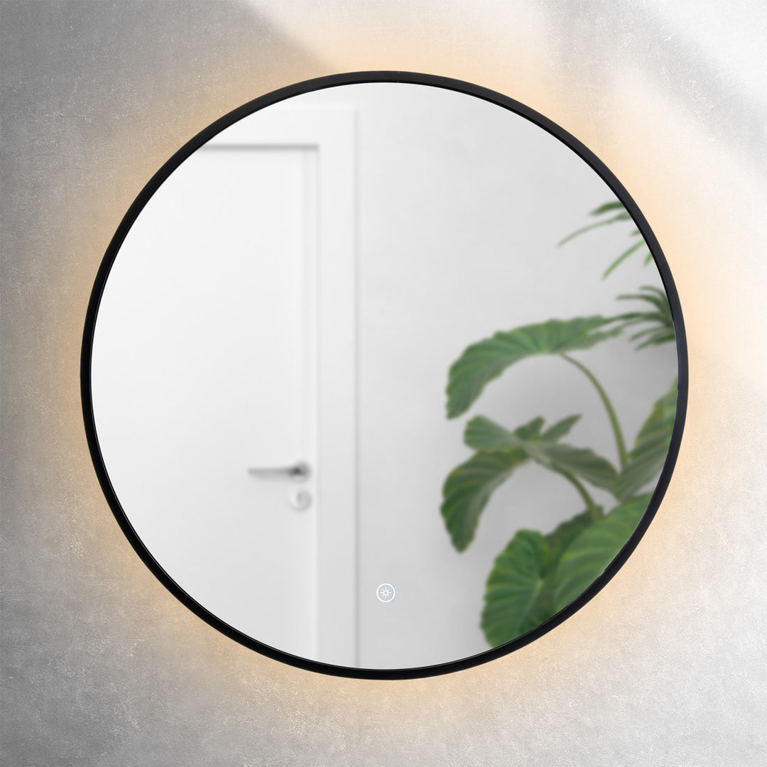 Noir 600mm Round Black Frame Backlit Mirror with Colour Change