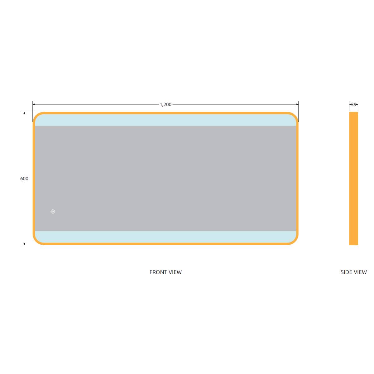 Brushed Brass 1200mm x 600mm Frame Mirror with Colour Change - Technical drawing