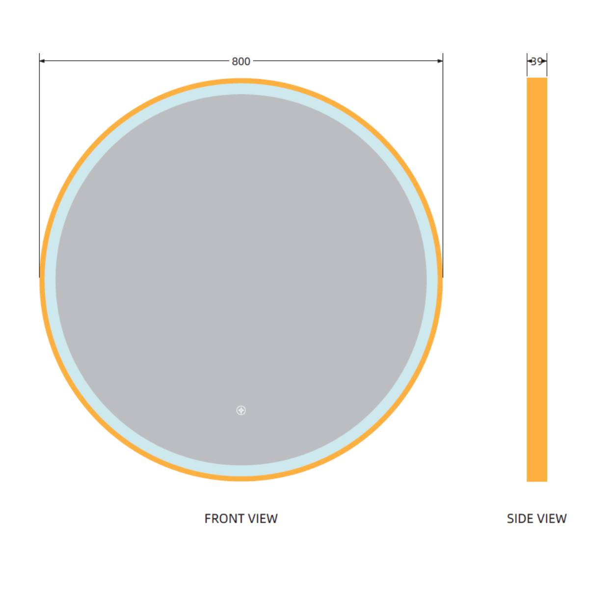 Brushed Brass 800mm Round Frame Mirror with Colour Change - Technical drawing