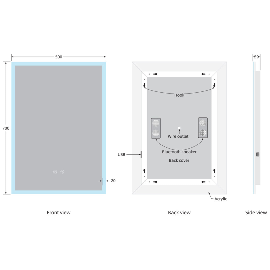 Miami 700 x 500mm Bluetooth LED Mirror with Colour Change