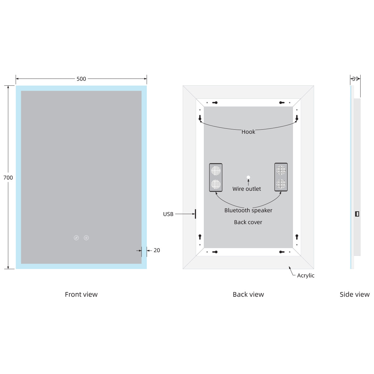 Miami 700 x 500mm Bluetooth LED Mirror with Colour Change - Technical drawing