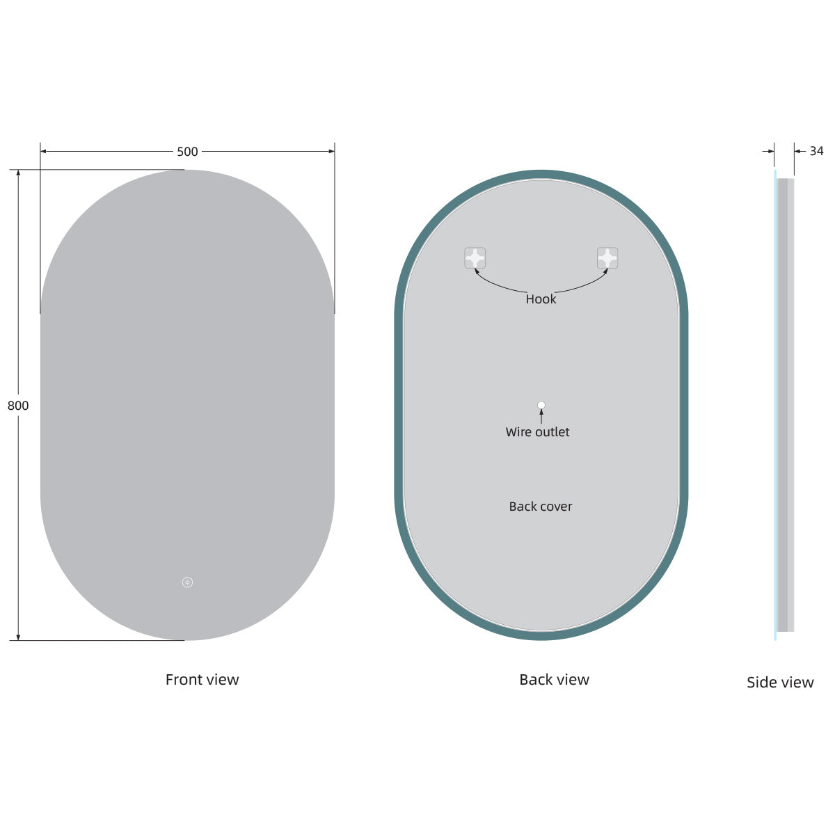 Tablet 800mm x 500mm LED Mirror with Colour Change - Technical drawing