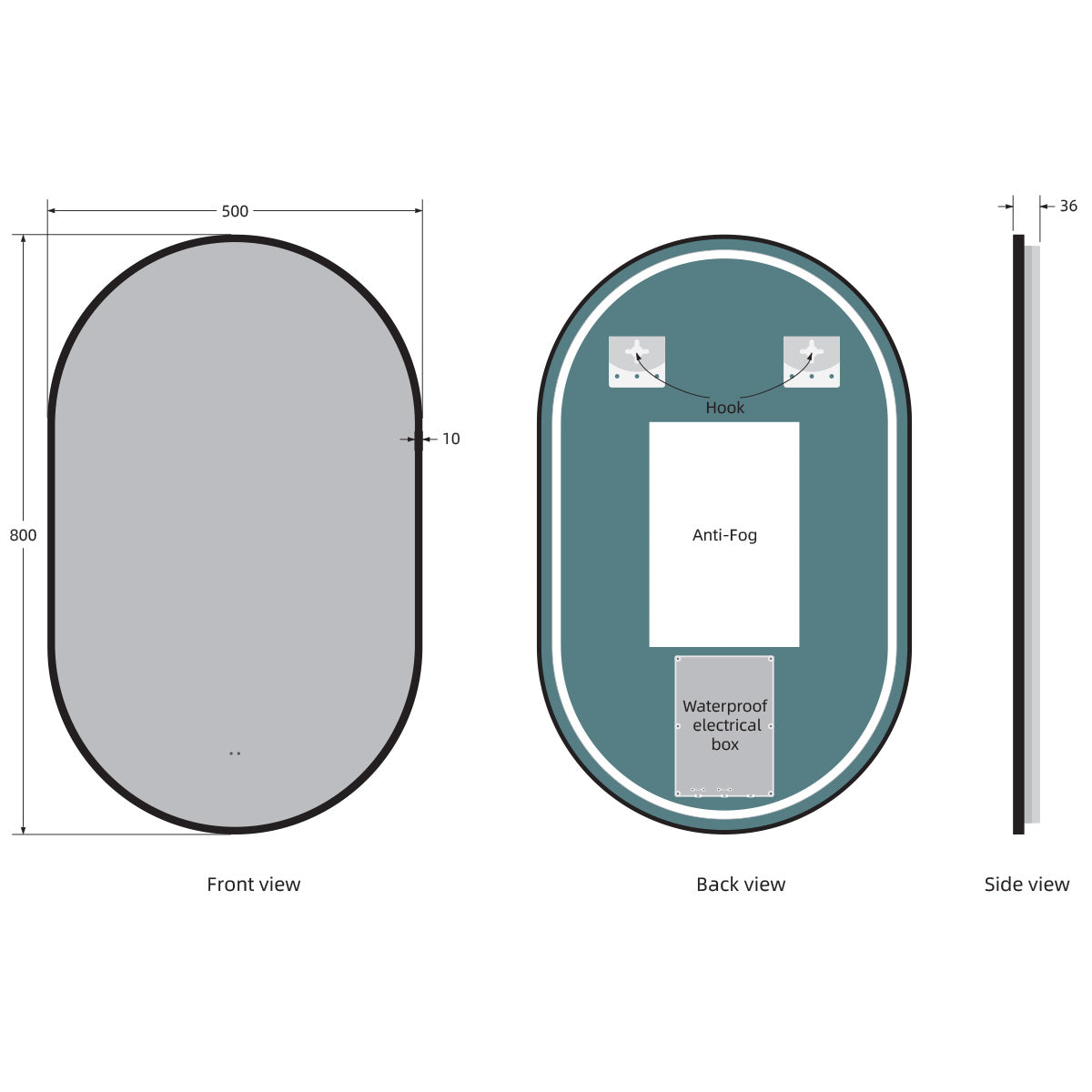 Tablet Black Frame 800mm x 500mm LED Mirror with Colour Change - Technical drawing