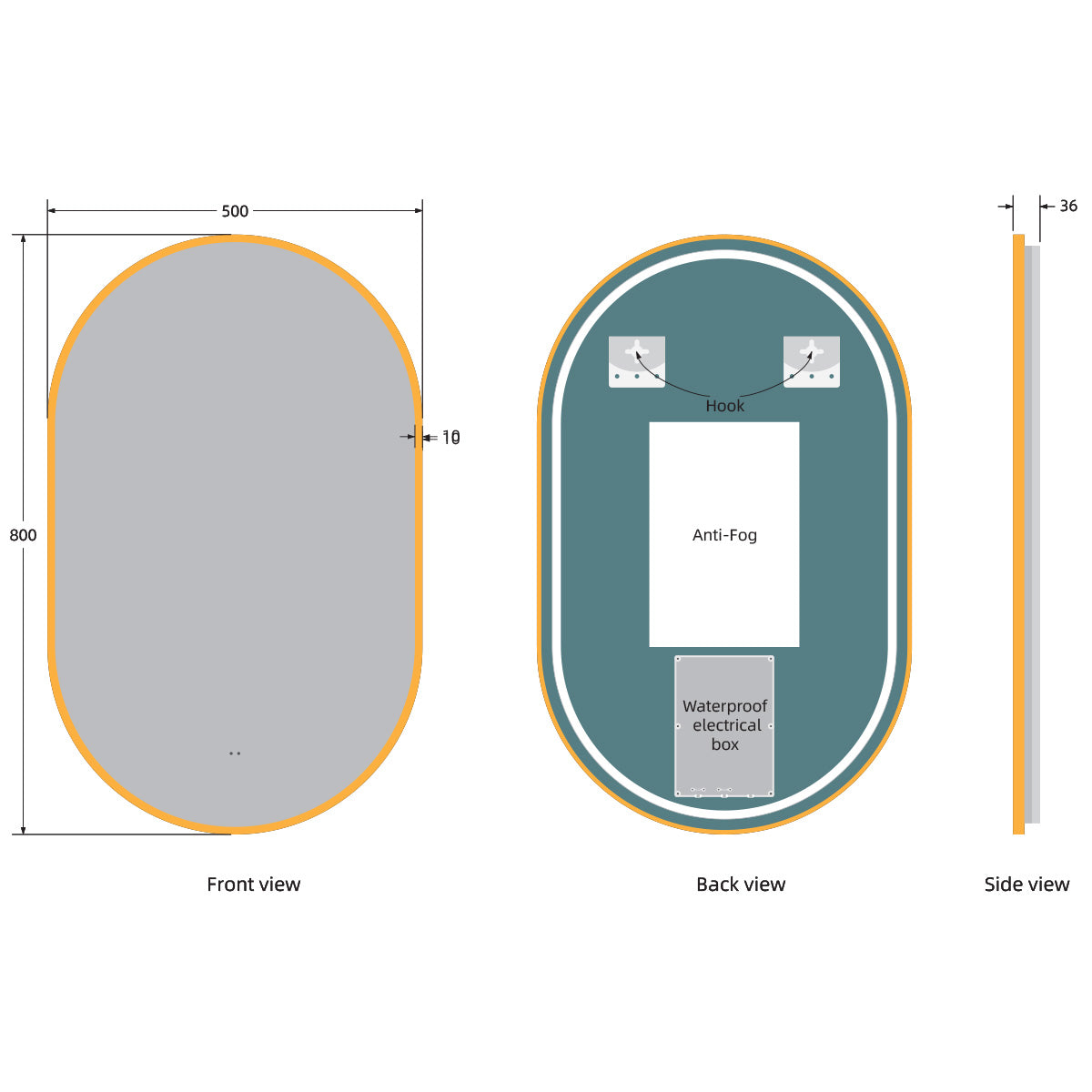 Tablet Brass Frame 800mm x 500mm LED Mirror with Colour Change - Technical drawing
