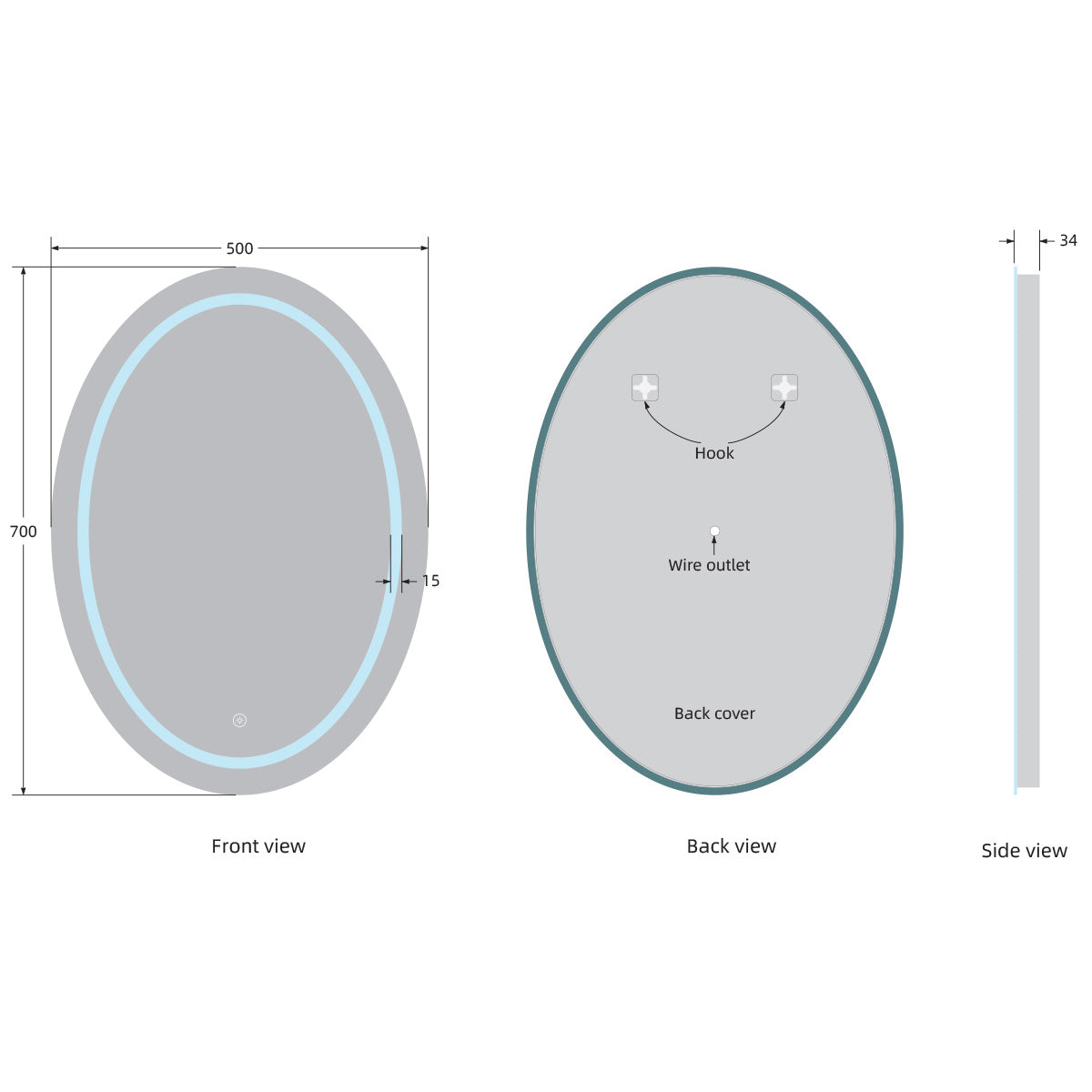 Bonita 700mm x 500mm Oval LED Mirror with Colour Change - Technical drawing
