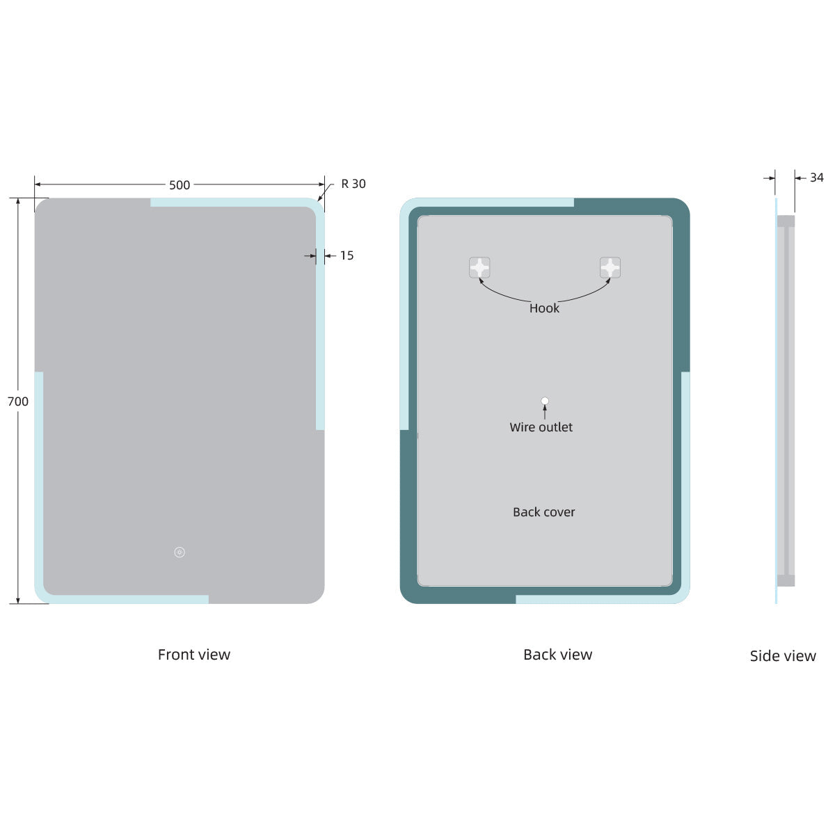 Trend 700 x 500mm LED Mirror with Colour Change - Technical drawing