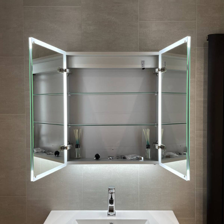 Bella LED Mirror Cabinet 700 x 800mm Double Door and Shaver - Matt Silver