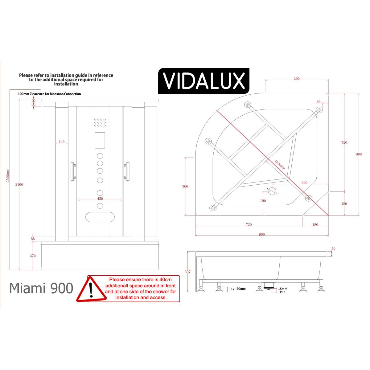 Vidalux Miami 900mm Steam Shower Enclosure - Mirror - Technical drawing