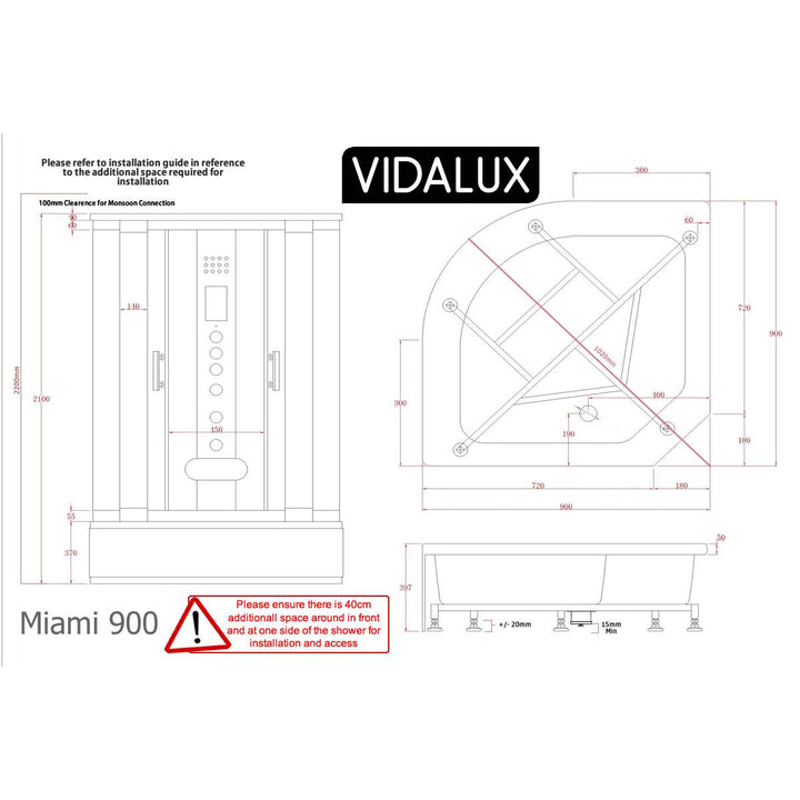 Vidalux Miami 900mm Steam Shower Enclosure - Black