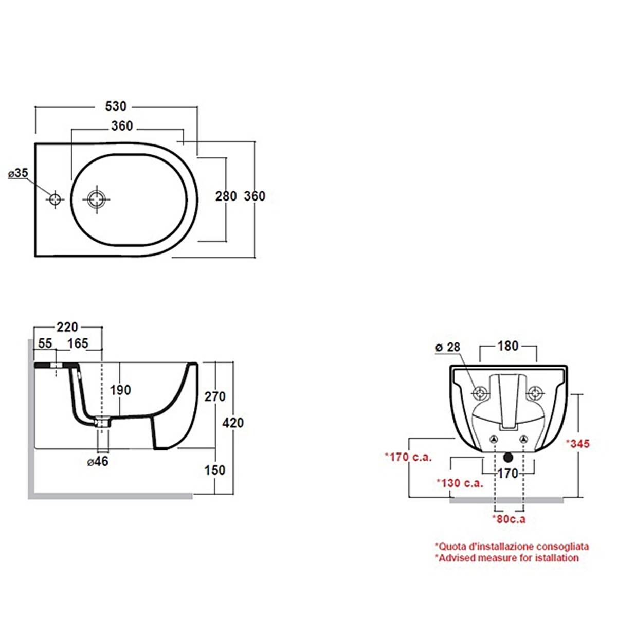 Olympia Milady Wall Hung Bidet - Matt Grey - Technical drawing