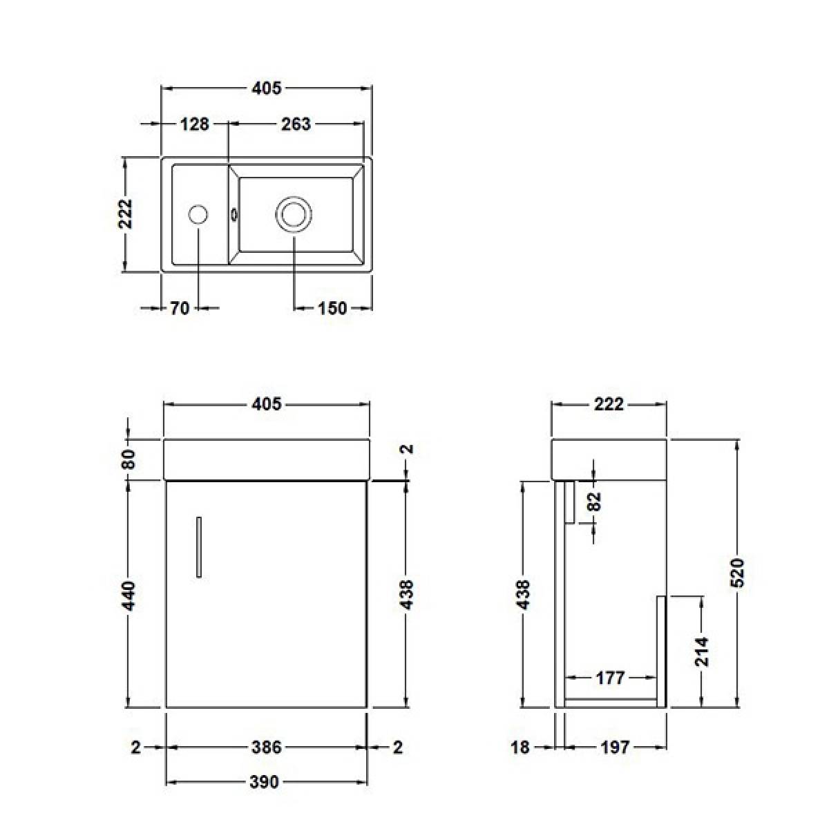 Minuto 400mm Wall Mounted Cloakroom Vanity Unit & Basin - Brown Grey Avola - Technical drawing