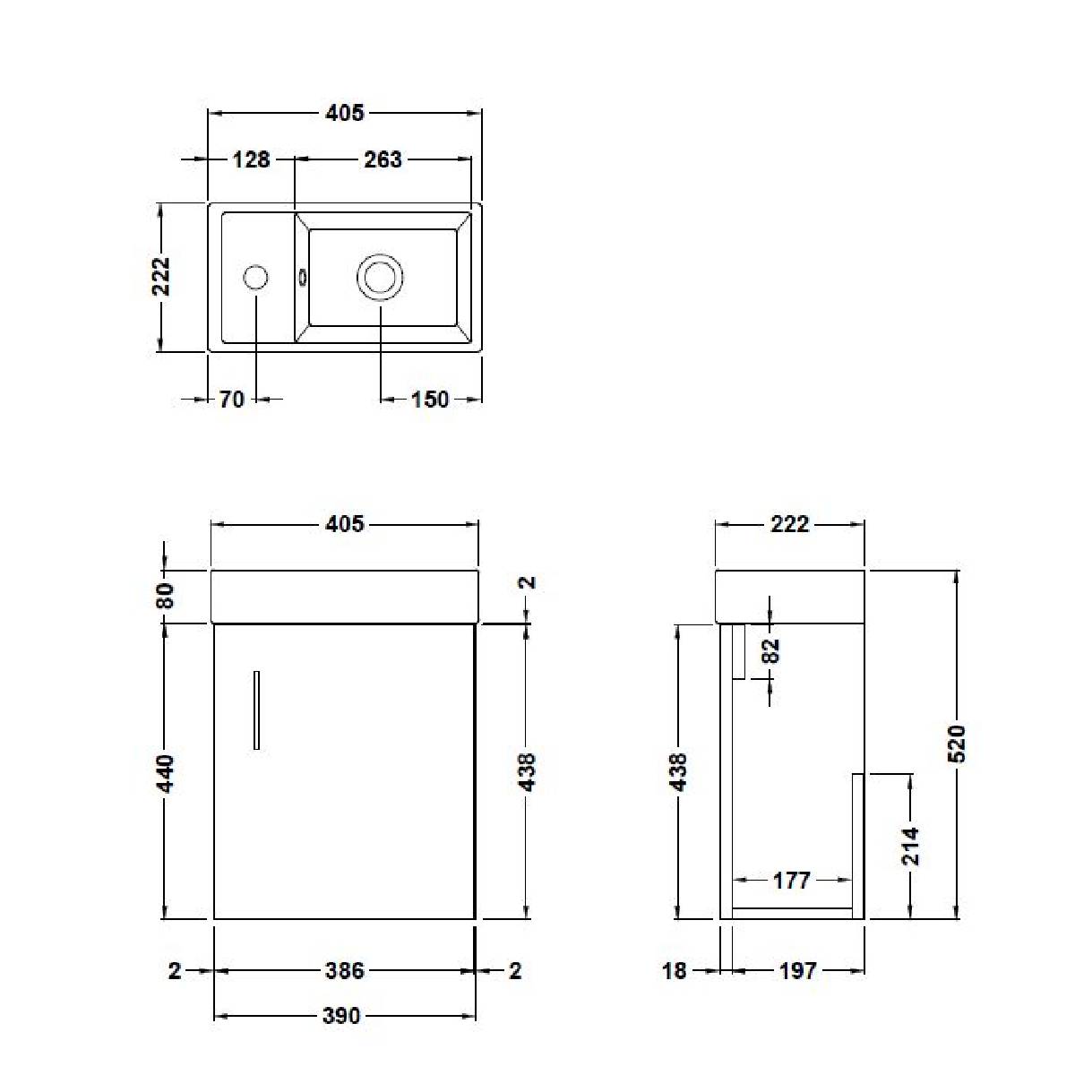 Minuto 400mm Floor Standing Cloakroom Vanity Unit & Basin - Gloss Grey - Technical drawing