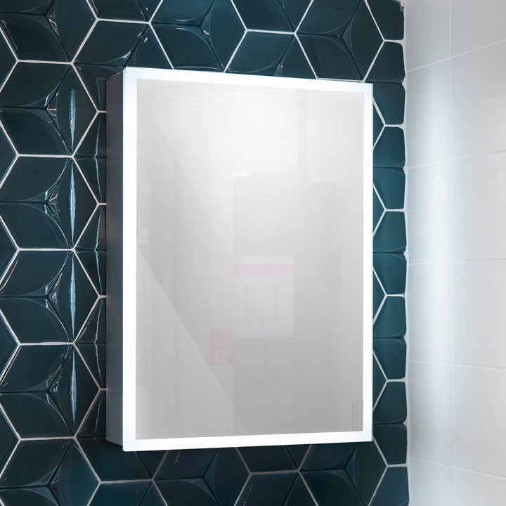 Bella LED Mirror Cabinet 700 x 500mm Single Door and Shaver - Matt Silver