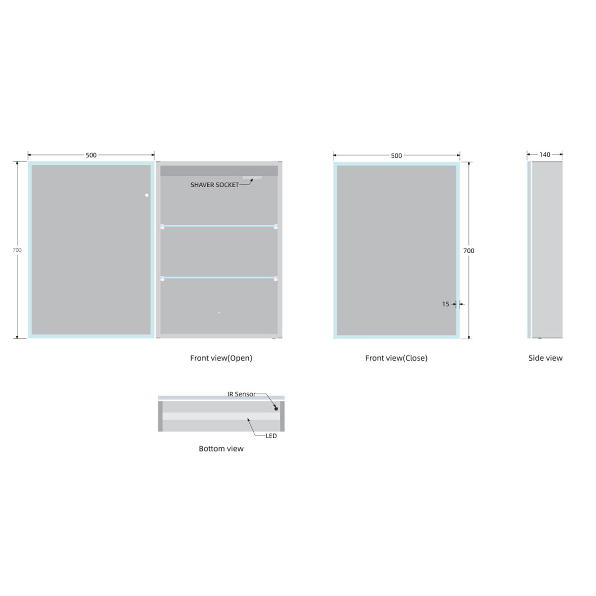 Bella LED Mirror Cabinet 700 x 500mm Single Door and Shaver - Matt Silver - Technical drawing