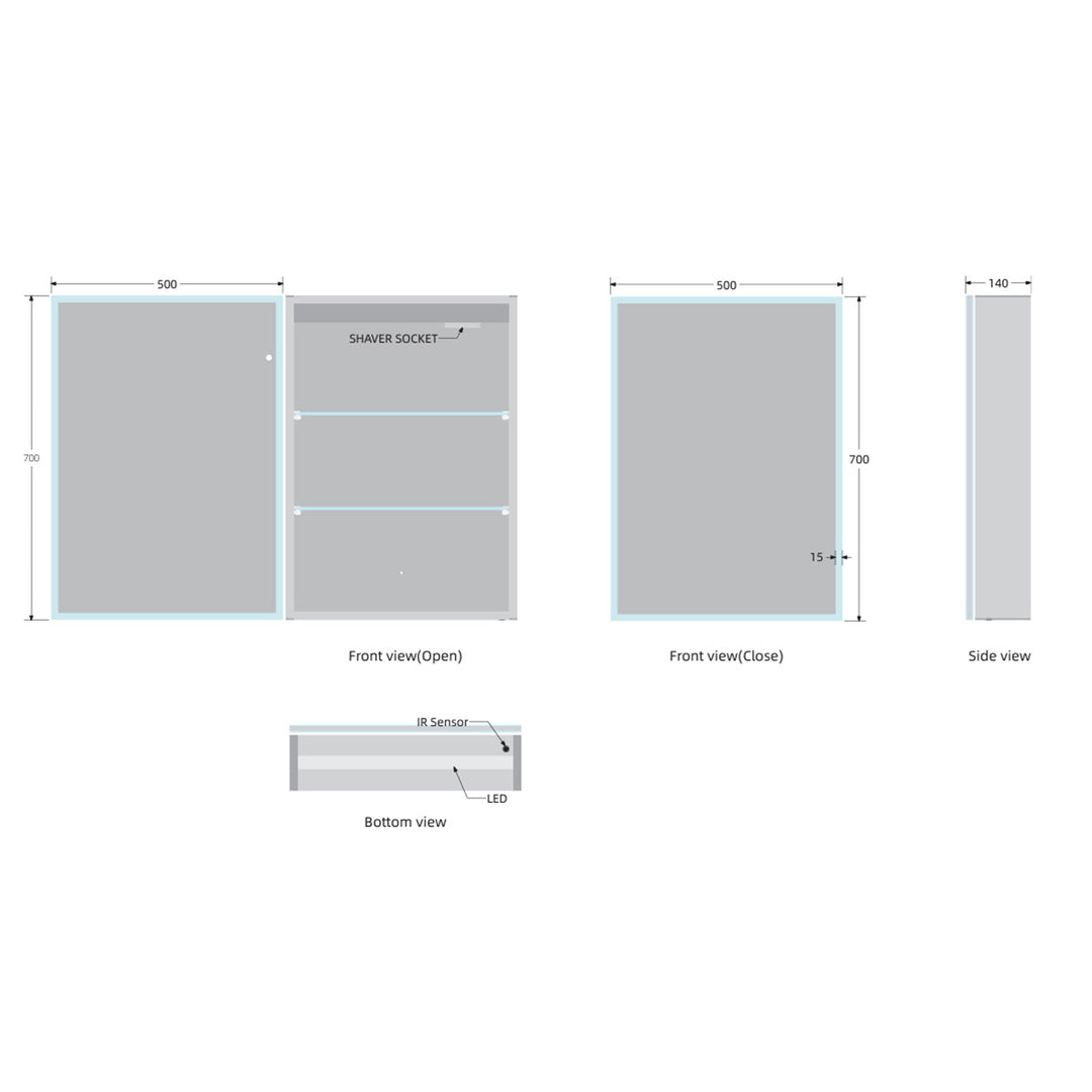 Bella LED Mirror Cabinet 700 x 500mm Single Door and Shaver - Matt Silver