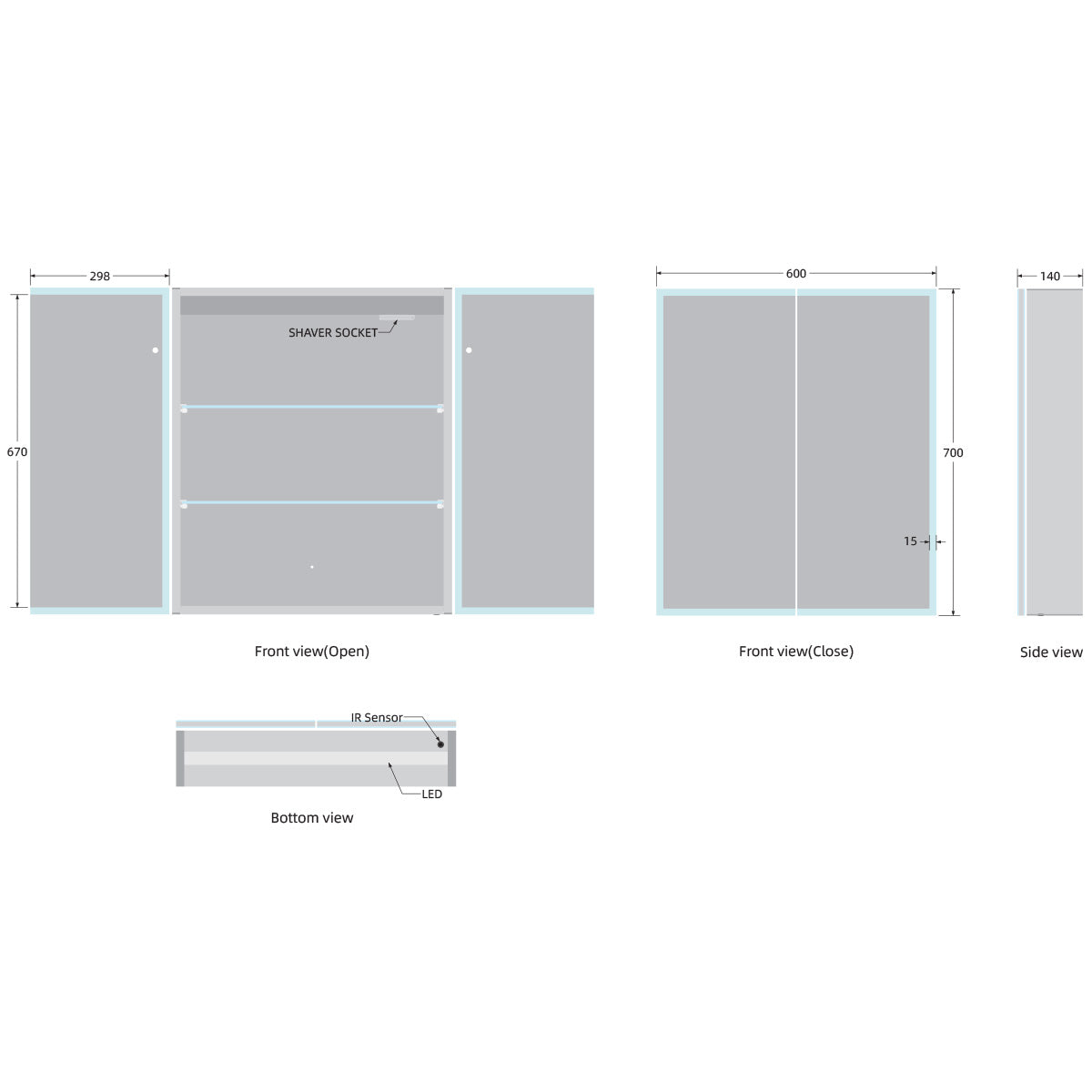 Bella LED Mirror Cabinet 700 x 600mm Double Door and Shaver - Matt Silver - Technical drawing