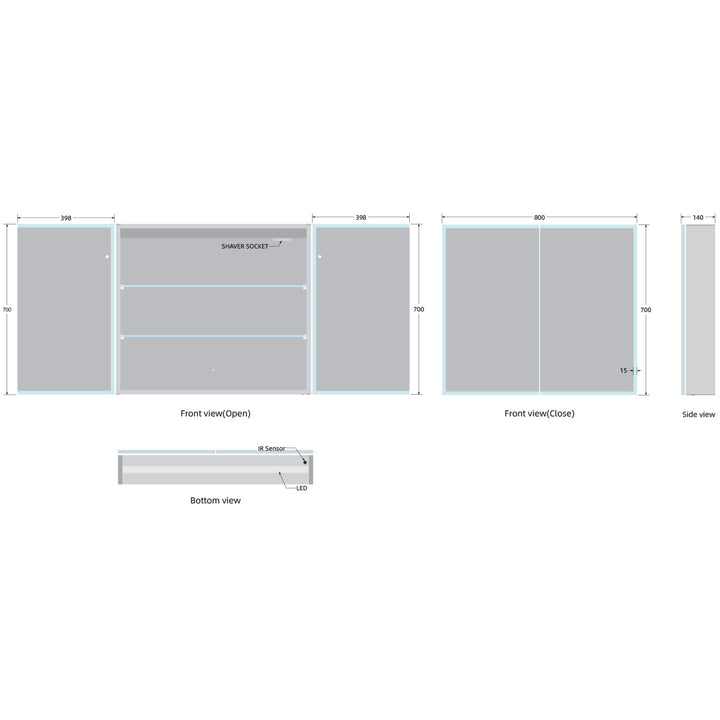 Bella LED Mirror Cabinet 700 x 800mm Double Door and Shaver - Matt Silver