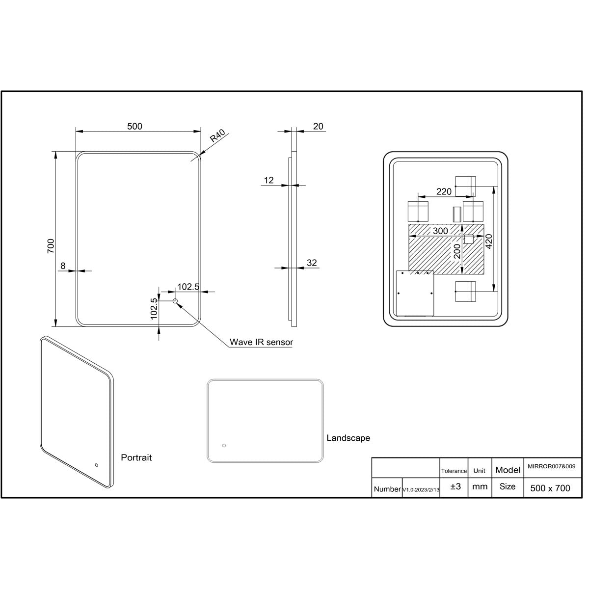 Eliseo Ricci Soft Square LED 500x700mm Mirror - Black Frame - Technical drawing