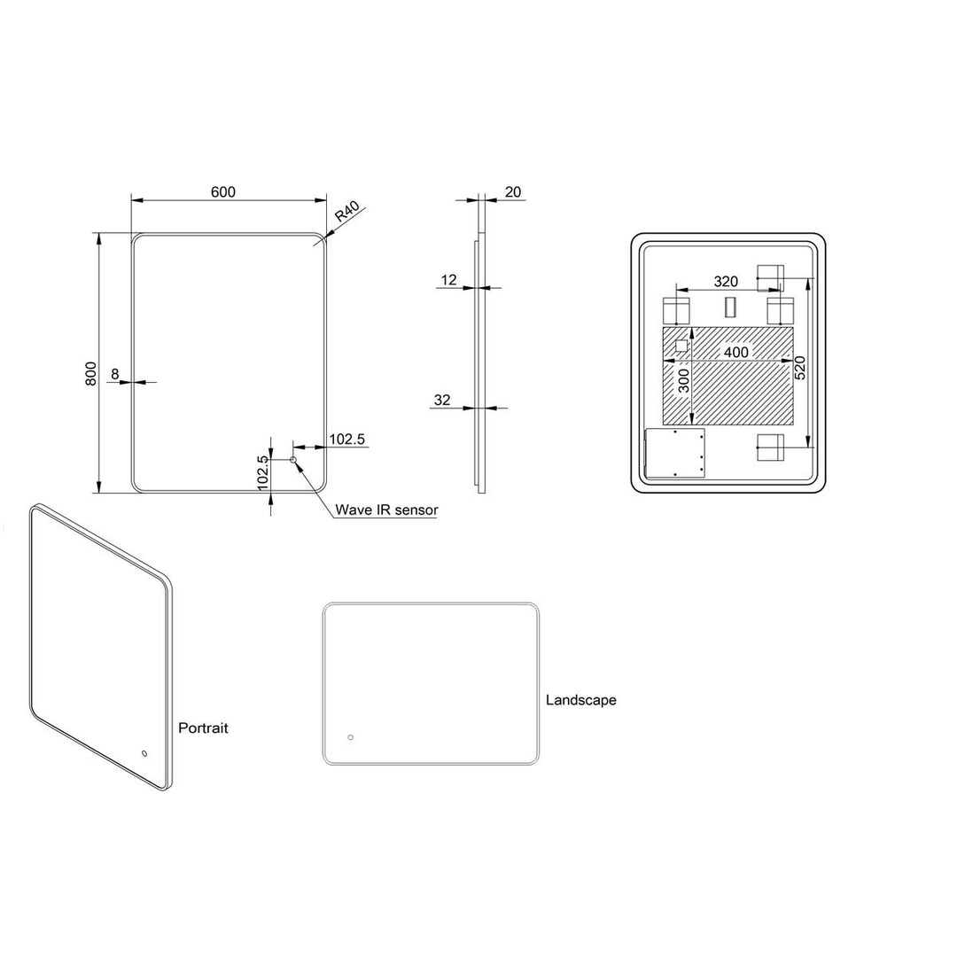 Eliseo Ricci Soft Square LED 600x800mm Mirror - Black Frame