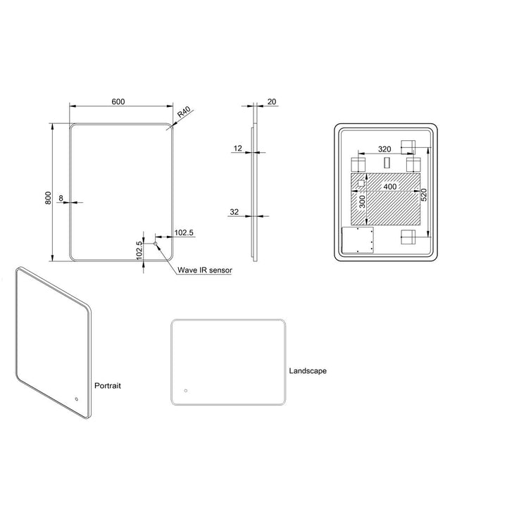 Eliseo Ricci Soft Square LED 600x800mm Mirror - Black Frame