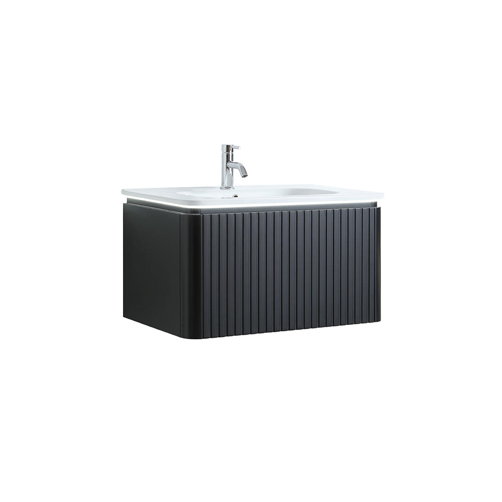 Monaco Matt Black 800mm Fluted Wall Mounted One Drawer Vanity Unit (inc LED Light and Transformer) with Basin